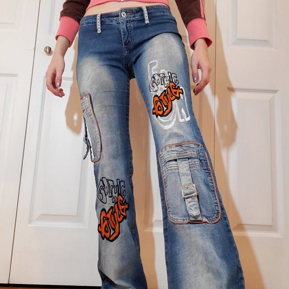 90's low rise distressed faded graffiti gothic letters embroidered flared jeans